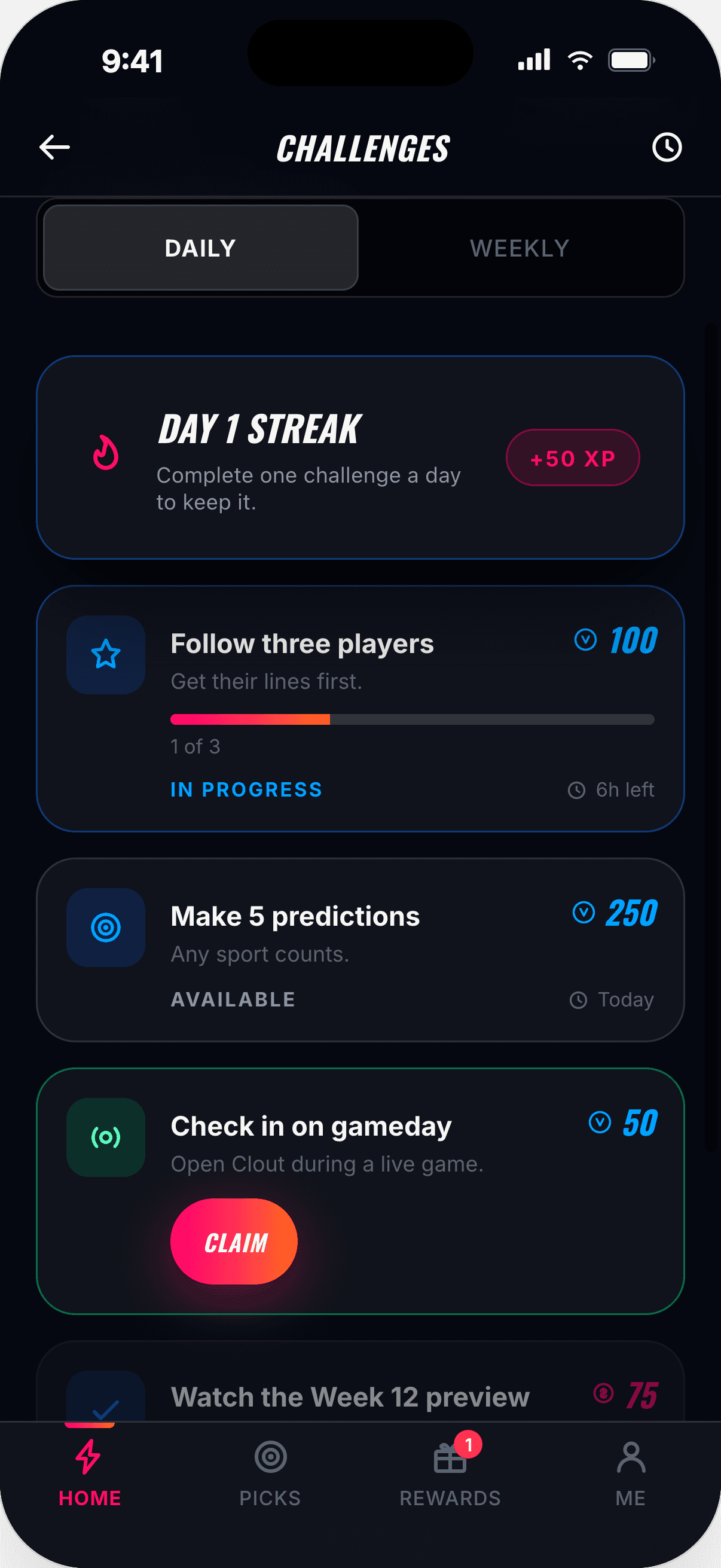 Clout Challenges screen showing Challenges in progress, claimable, and locked, each earning either XP or Coins depending on the Challenge.