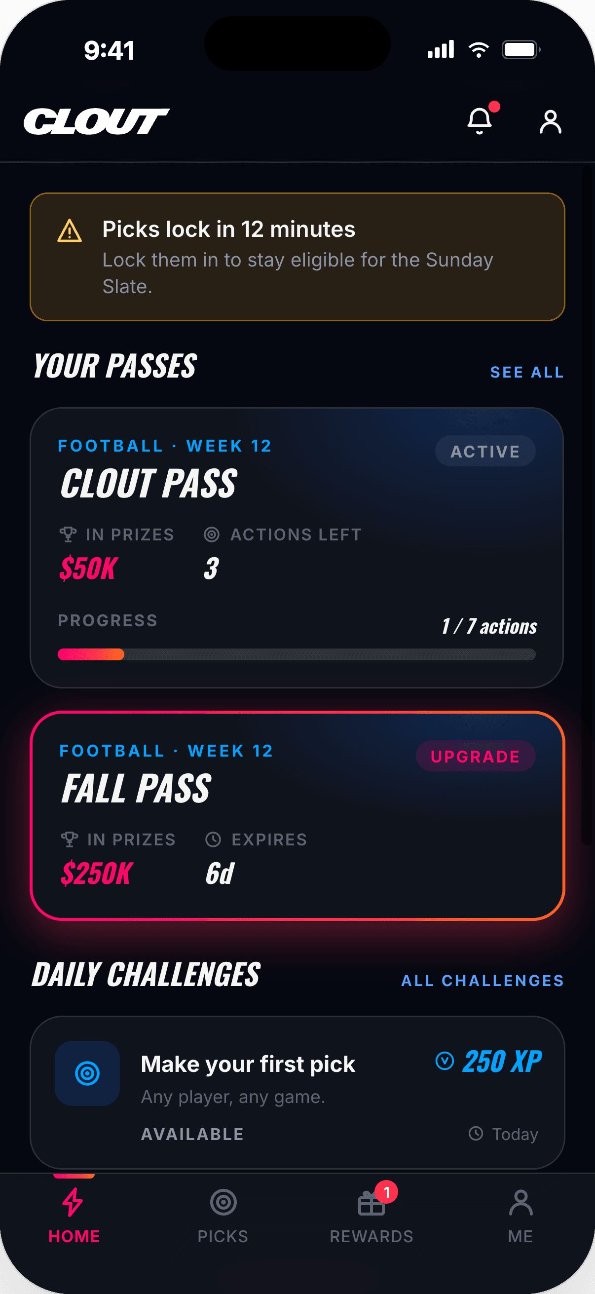 Clout home screen showing active Passes worth $50,000 and $250,000 and a live daily challenge for Football · Week 12.