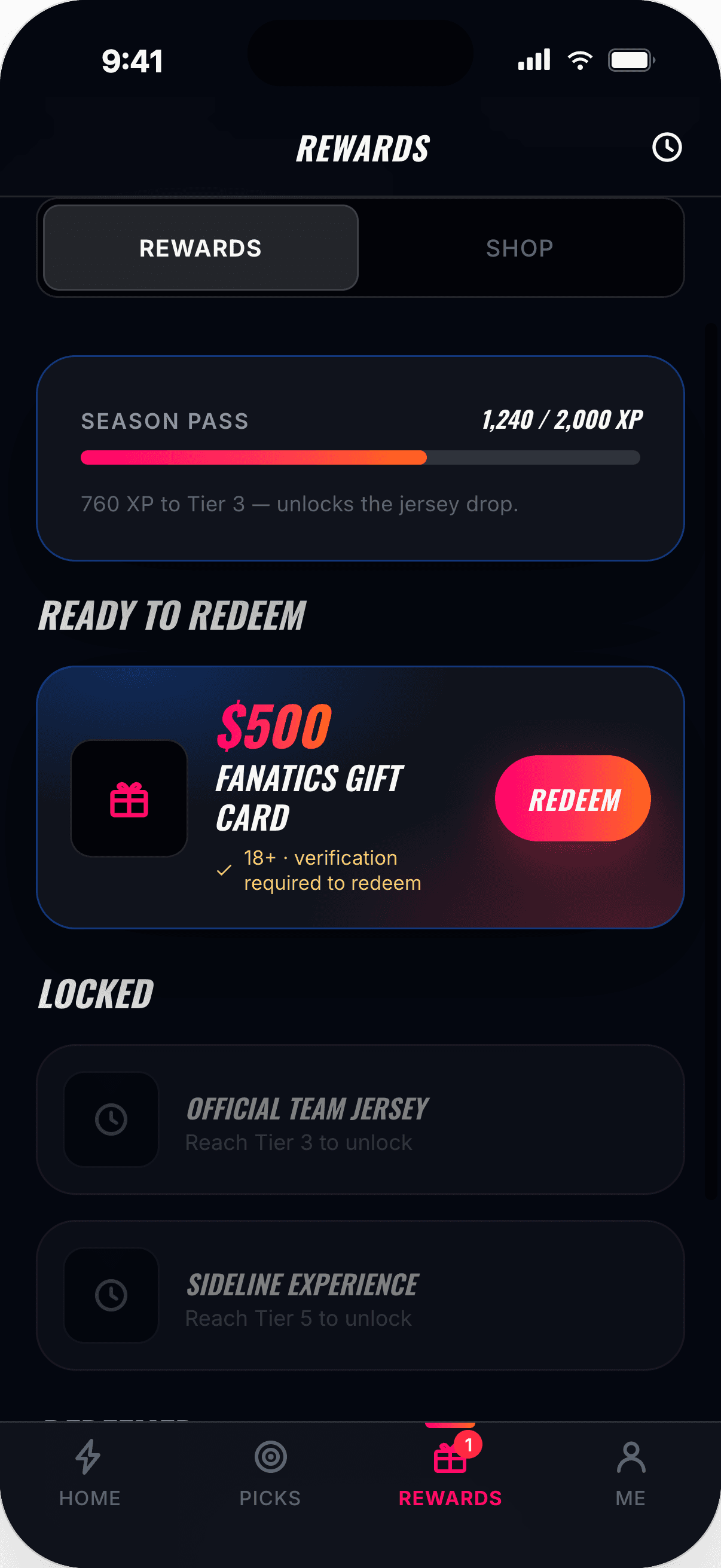 Clout Rewards screen with a tiered progress bar and a $500 Fanatics gift card available to redeem.