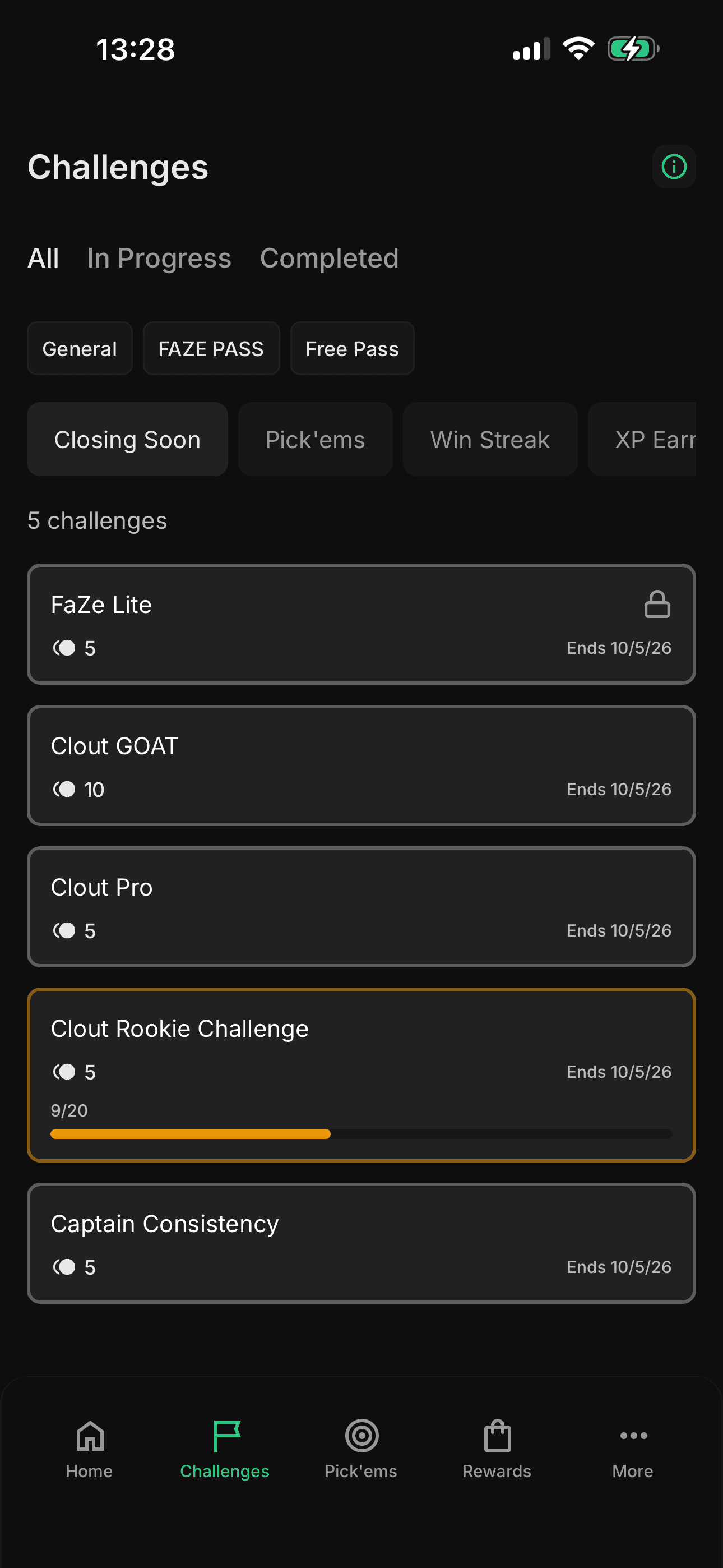 Clout challenges screen listing five challenges with Coin rewards and the Clout Rookie Challenge in progress at 9 of 20.