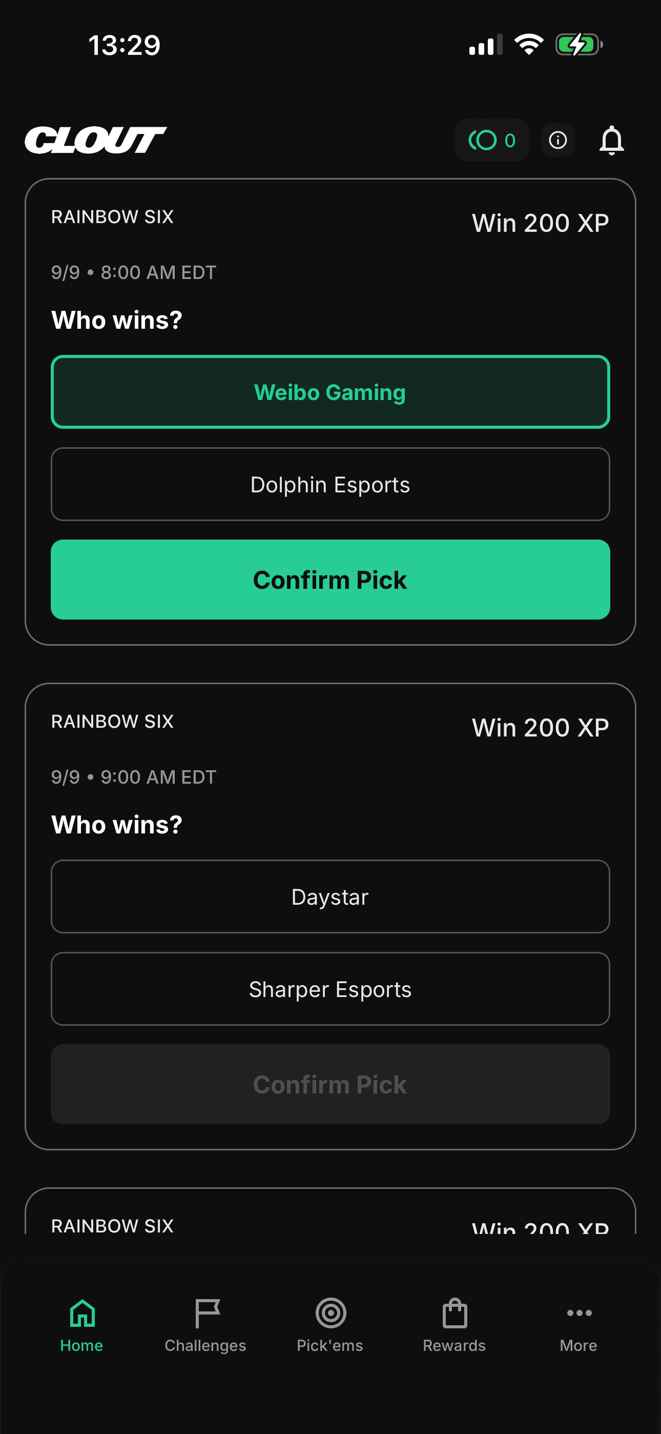 Clout home screen with Rainbow Six pick'ems worth 200 XP each, showing a confirmed pick on Weibo Gaming.