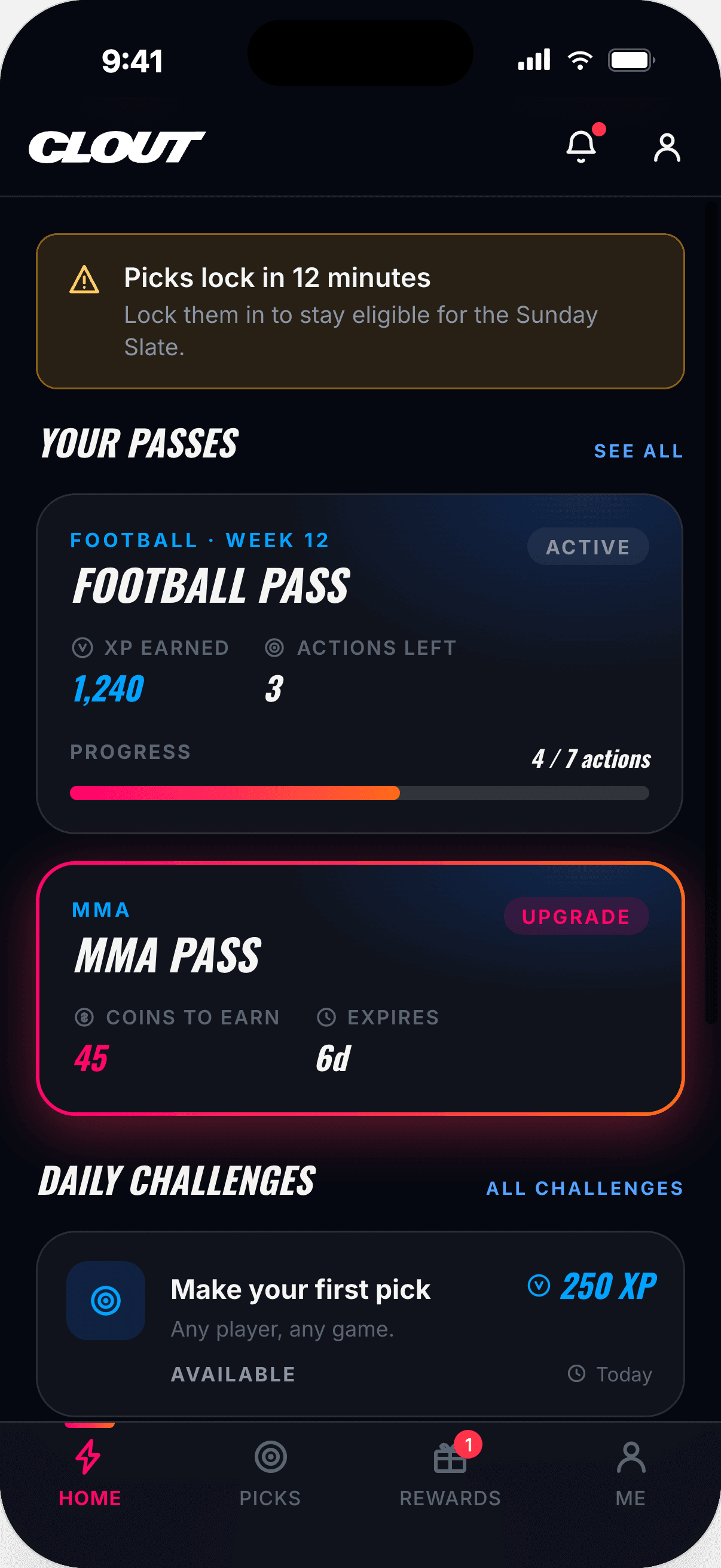 Clout app home screen showing a Football Pass with 1,240 XP earned, an MMA Pass, and a daily challenge worth 250 XP.