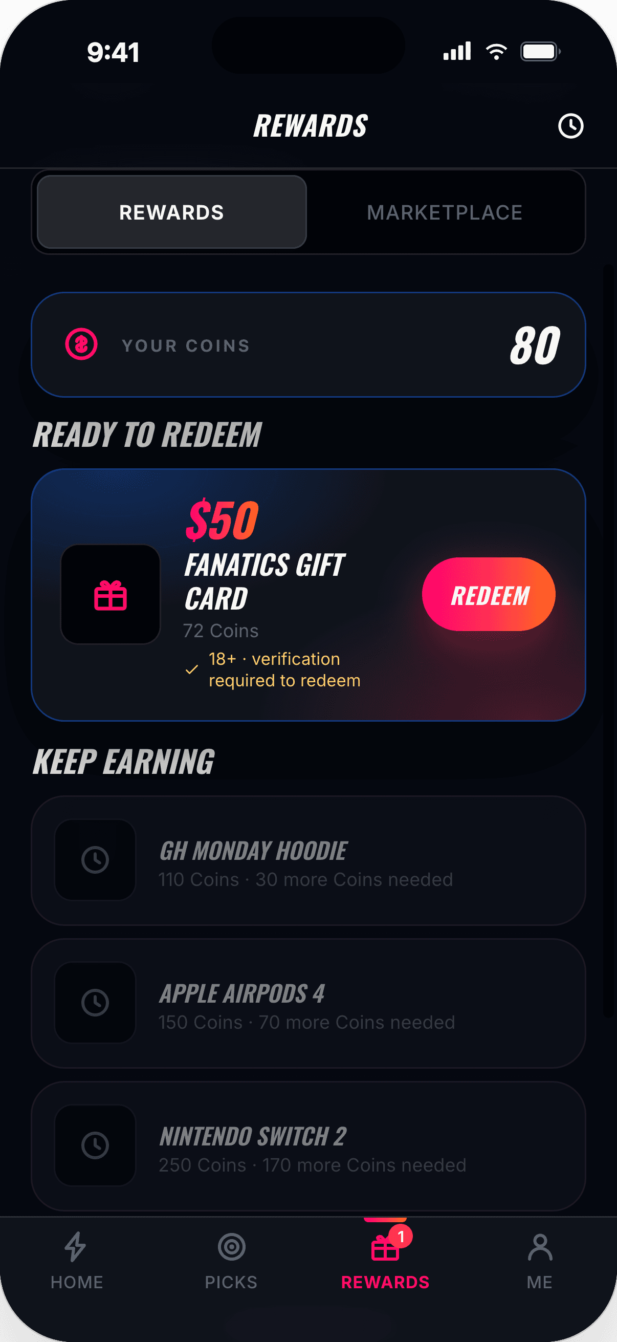 Clout rewards screen showing a balance of 80 Coins, a $50 Fanatics gift card ready to redeem for 72 Coins, and items still to earn.