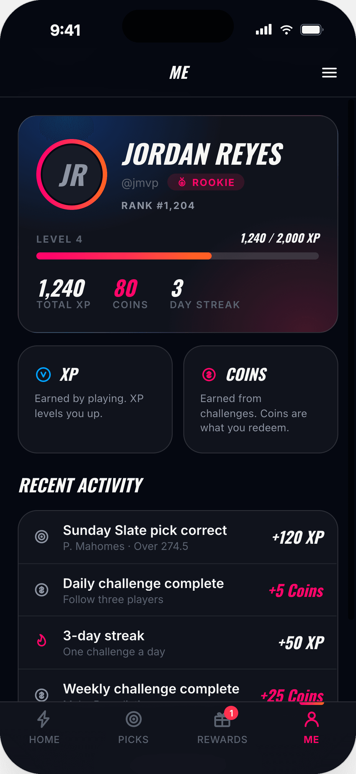 Clout profile screen showing 1,240 total XP, 80 Coins, a 3-day streak, and recent activity.